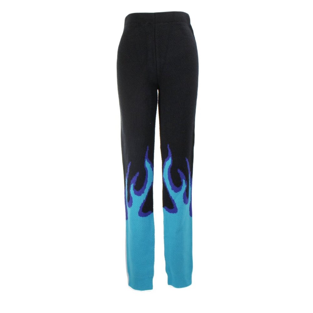 Cherry Mellow Blue Flame Knit Joggers SZ M High Waist Stretch Sweater Pants Y2K